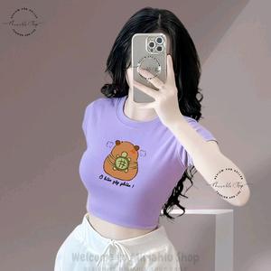 Áo Thun Croptop Basic Form Ôm Body Nữ Cổ Tròn Tay Ngắn In Hình "Capybara Ở Hiền Gặp Phiền", Kích Cở S M L, Women Sò Sen Hoa Sen Dáng Ngắn Thun