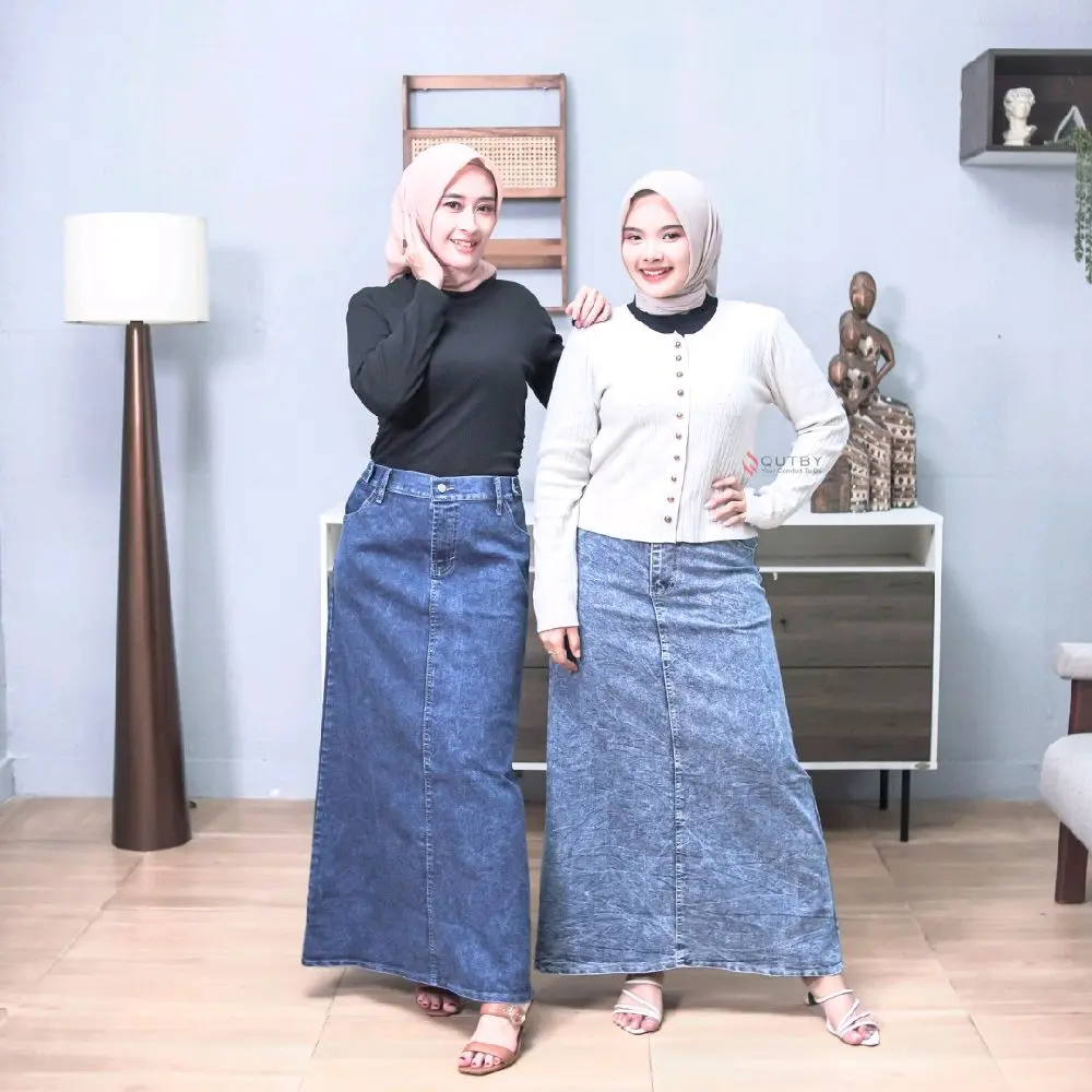 QUTBY - Rok A Line Jeans Panjang Wanita Muslimah Size Jumbo Bahan Strech Nyaman Dipakai | RJN