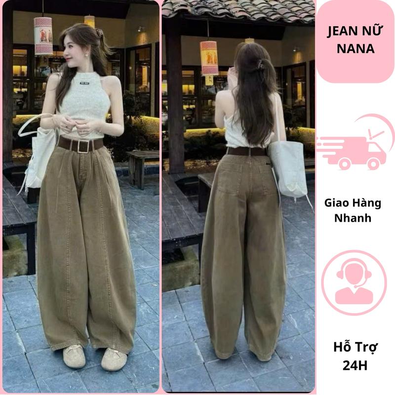 Quần jeans nữ ống suông cạp cao tôn dáng màu nâu tây chất vải mềm mại quần bò nữ ống rộng nhúm 2 bên phong cách hàn quốc