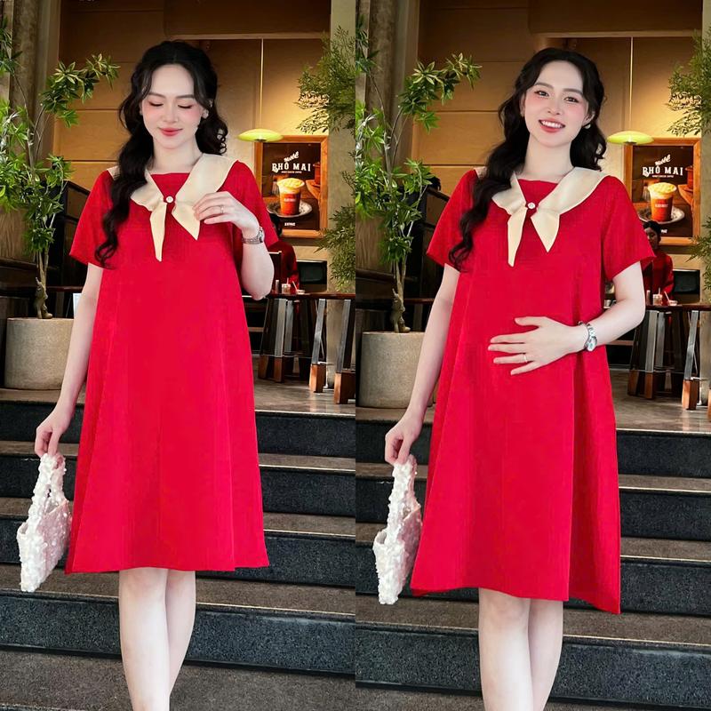 Đầm bầu lụa mềm cổ nơ duyên dáng xinh xắn dáng suông mềm mát Nữ Sen