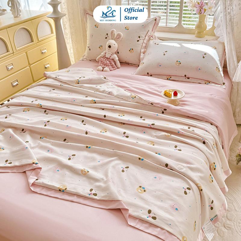 Bộ chăn ga gối LỤA THÁI 9D M2T BEDDING mềm, mịn, mát - chăn chần bông mỏng cho mùa hè, ga giường và 2 vỏ gối nằm