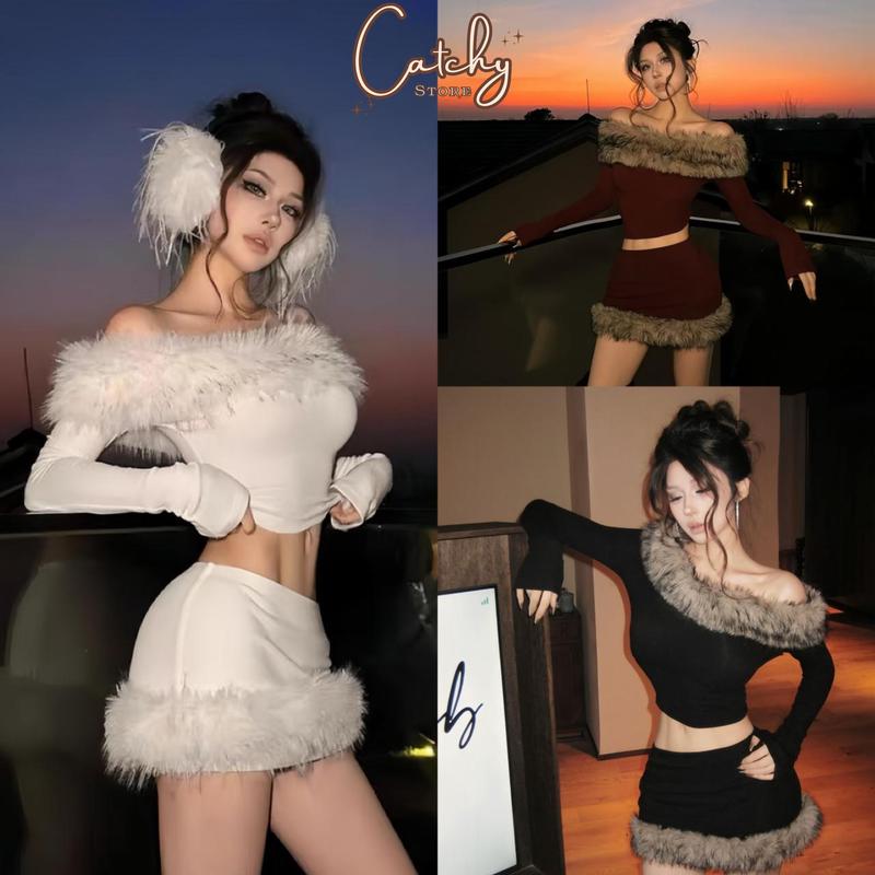 Set Áo Trễ Vai Viền Lông Phối Chân Váy Ngắn Cạp Trễ Sang Chảnh Đi Chơi Đi TiệcCATCHYstore
