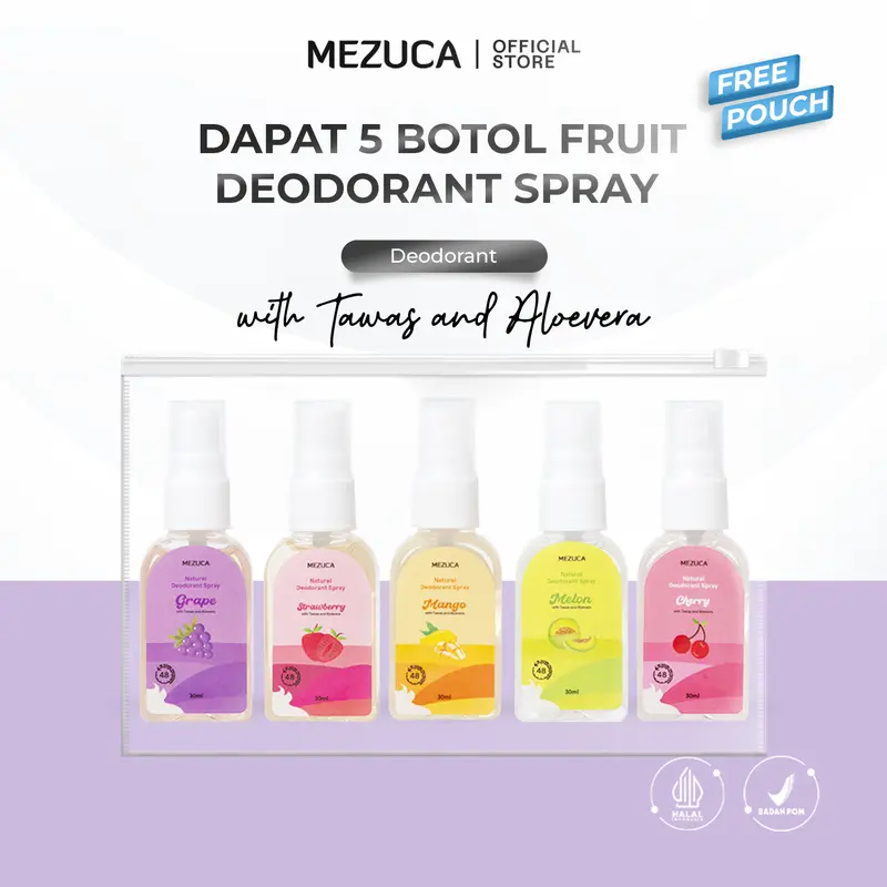 [Dapat 5 Botol] Deo Spray Mezuca 30ml FREE POUCH Fresh Fruit Deodorant Spray with Tawas dan Aloevera Asli 0