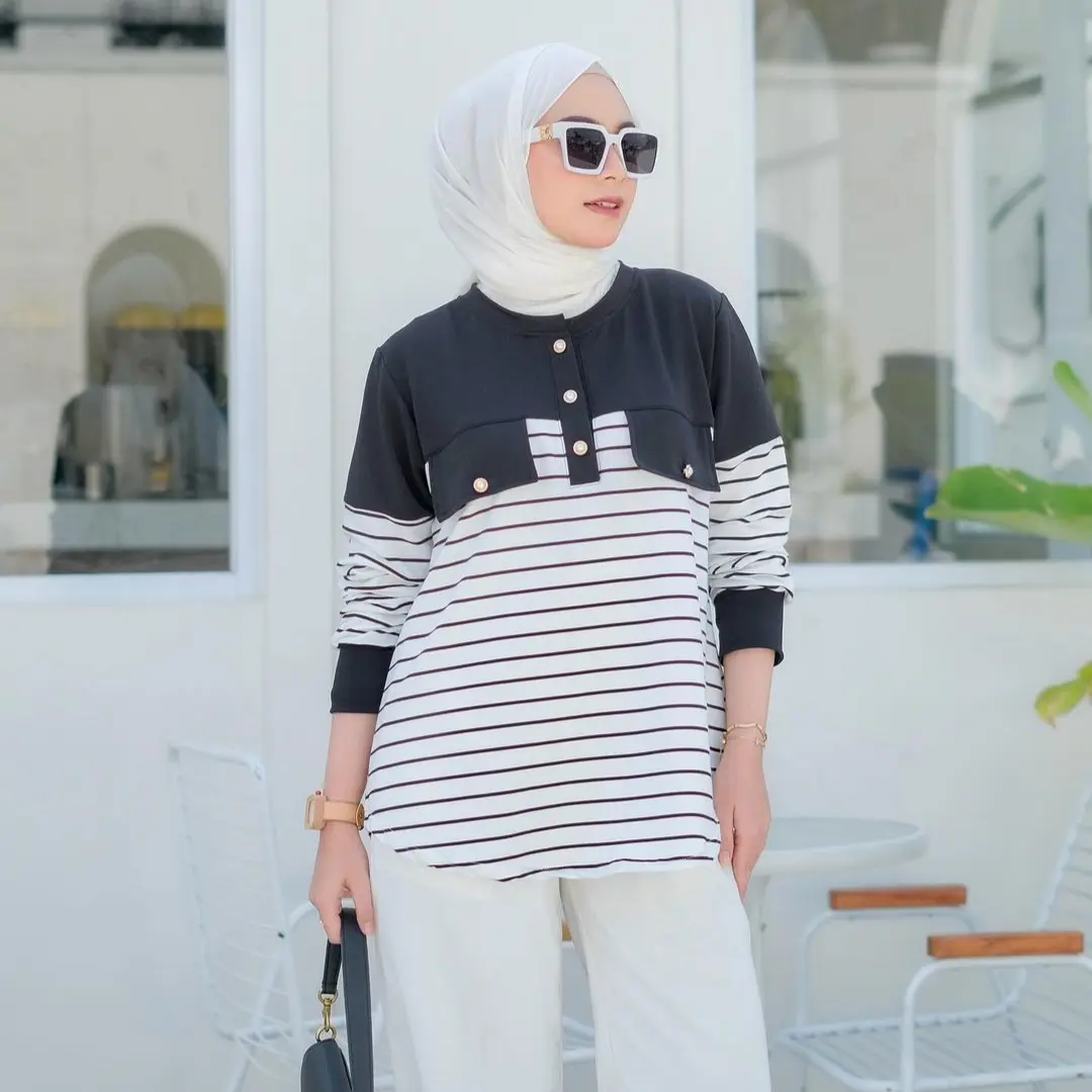 Baju Atasan Wanita Blouse Babyterry Motif Stripe Salur Hitam Putih Casual Lengan Panjang