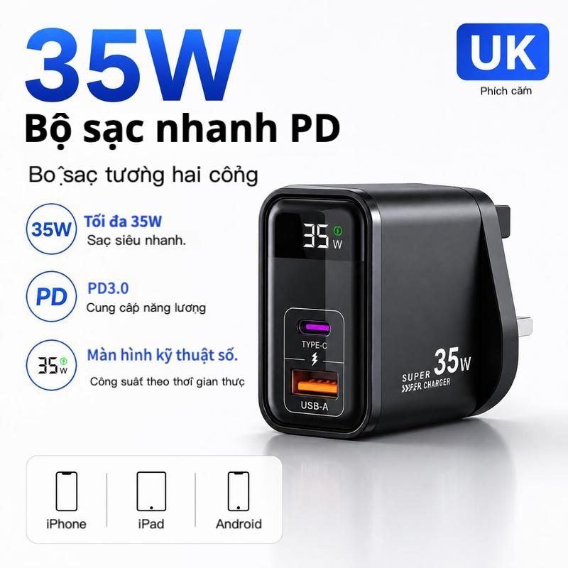 Bộ sạc nhanh PD 35W với màn hình hiển thị công suất kỹ thuật số, cổng USB‑C + USB‑A kép, bộ sạc tường cho IPhone, samsung và thiết bị chạy android