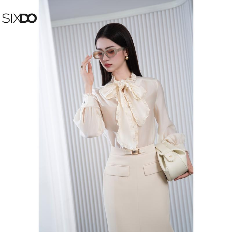 Áo somi nữ voan tơ phối bèo SIXDO (Beige Organza Blouse)