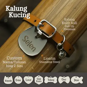 Kalung Kucing Custom Nama Kulit Asli Liontin Tag Stainless Steel hitam