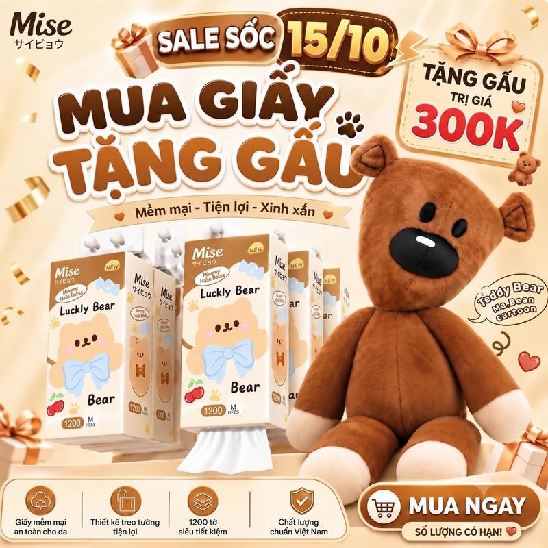 [ MUA 1 THÙNG TẶNG GẤU 60CM ] COMBO 4 BỊCH Mise Giấy treo tường, bao bì gấu xinh xắn, 1472 tờ, khăn giấy rút đáy, mua 4 bịch tặng 1 móc treo, 130x170mm, làm từ bột gỗ tự nhiên an toàn, không bụi giấy, ĐẠT QUY CHUẨN BỘ CÔNG THƯƠNG