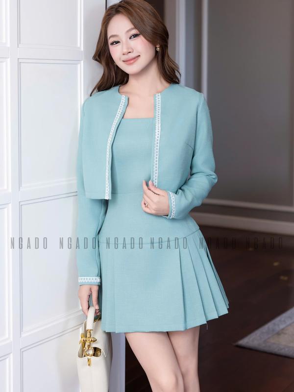 NGADO Set Áo Váy Xanh Mint Dài Tay NGADO Size S M L XL Chất Liệu Chất Gân Ý Không Lót Không Túi Set Dự Tiệc Công Sở
