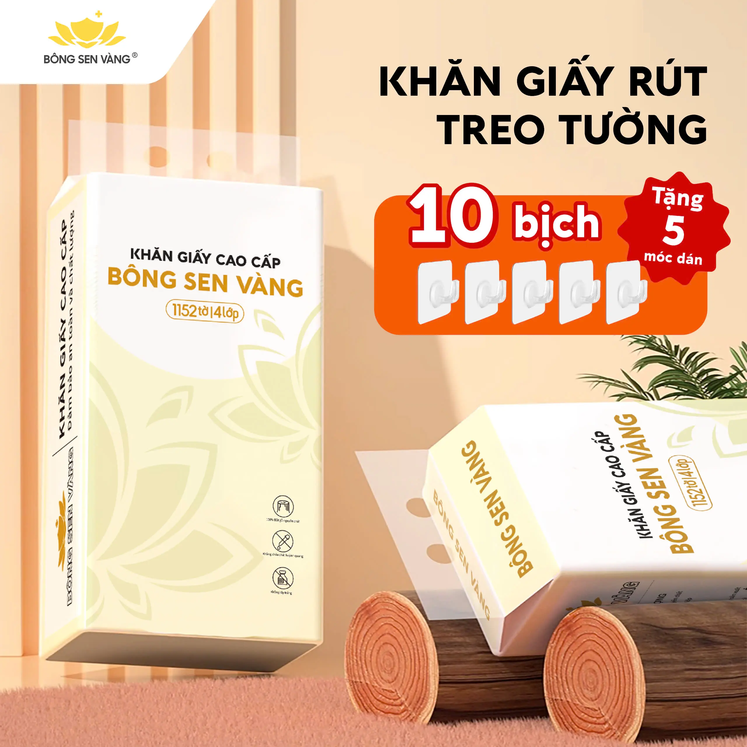 Bông Sen Vàng Khăn Giấy Rút Treo Tường 1152 Tờ Tiện Lợi An Toàn Cho Da.Tặng 5 Móc Treo Tường Siêu Tiện Ích