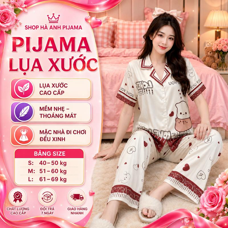 Bộ Pijama Nữ Lụa Xước Tay Cộc Quần Dài Mềm Mịn Thoáng Mát Đồ Ngủ Mặc Nhà Cao Cấp