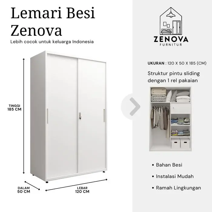 ZENOVA Lemari Besi Pakaian 2 Pintu Geser 120cm 1 Gantungan Kamar Tidur Minimalis Awet Stylish Praktis - S00