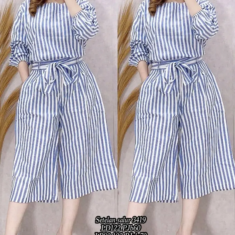 setelan kulot Wanita Celana Baju Panjang Dewasa  Motif Salur  Pendek Garis Katunj jumbo ld 122cm 0
