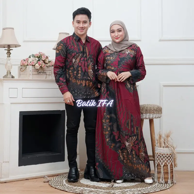 Baju Batik Couple Modern - Sarimbit Batik Kondangan Kekinian - Couple Gamis Batik dan Kemeja Polyester 3