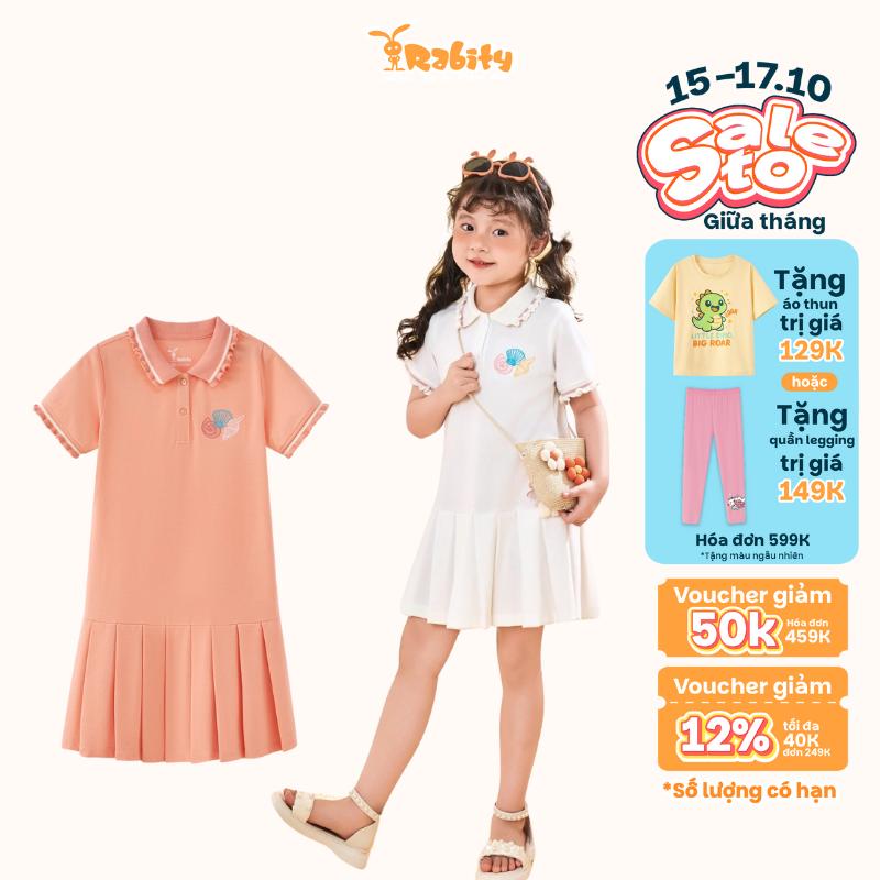 Đầm thun polo cho bé gái đi học thiết kế tay ngắn xếp ly thêu vỏ sò Rabity 950.073