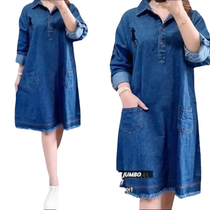 Baju Dress Jeans Casual Wanita Jumbo Motif Polos Bordir Kancing Midi Panjang Pesta Dewasa Atasan Hitam Navy Terusan 1