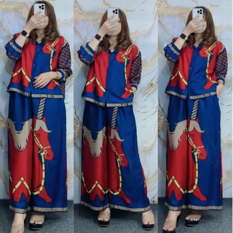 ONE SET CROP SETELAN CELANA KULOT WANITA HIGHTWAIST LENGAN 7/8 RAYON PREMIUM BUSUI FRIENDLY KANCING - SETELAN MOTIF CELANA KULOT BARU 8