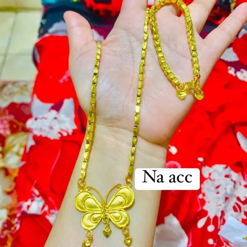 Kalung padi 2 suku liontin kupu besar panjang 50cm free gelang padi 2 suku lapis emas bisa di cuci / sepuh