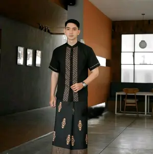 Setelan Sarko Sarung Dan Baju Koko Lengan Pendek Motif Kobata Sarung Motif Sarang Tawon Baju Muslim Pria Dewasa