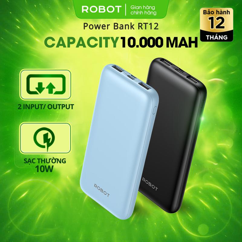 Pin Sạc Dự Phòng 10000mAh ROBOT RT12 Kích Thước Nhỏ Gọn - 2 Cổng Sạc Vào 2 Cổng Sạc Ra USB Có Led Hiển Thị Pin | Bảo Hành 12 Tháng