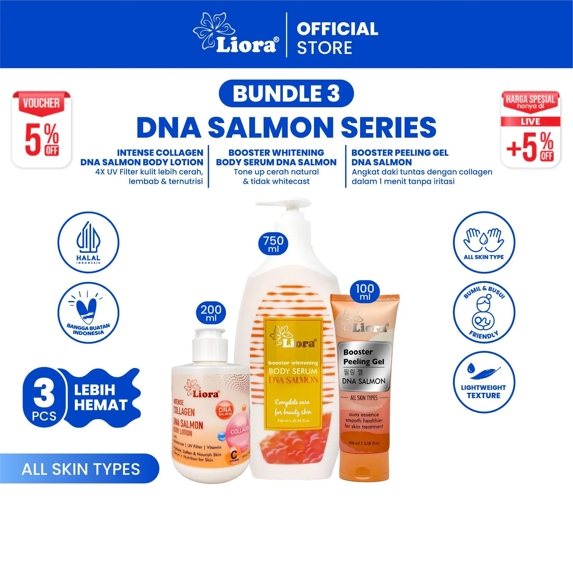 [Paket hemat DNA SERIES] Liora Body Serum Dna Salmon 750ml + Liora Intense Collagen Body Lotion 200 ML + Liora Peeling gel Dna Salmon 100ml | Paket Body Care Mencerahkan Kulit, Melembapkan & Menghaluskan | Body Serum Whitening, Lotion Badan & Peeling Gel