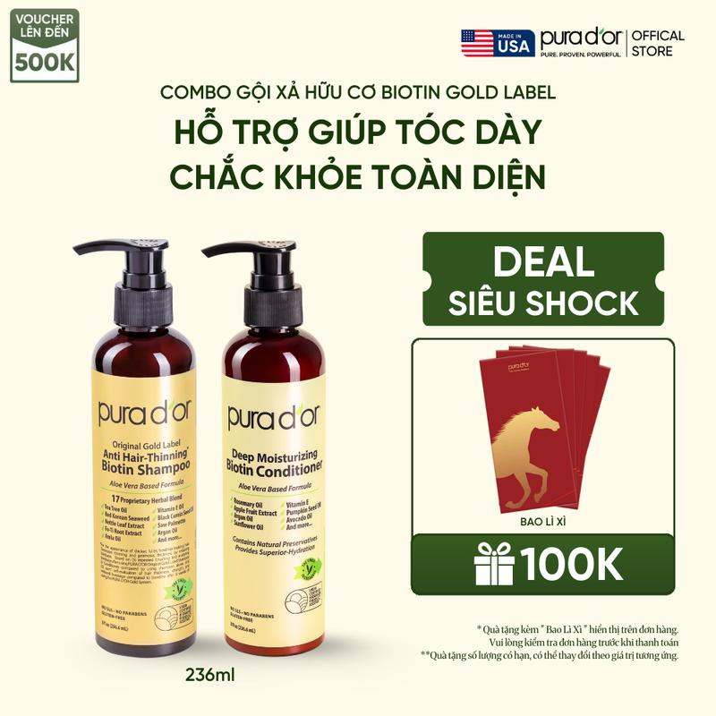   Deal siêu shock  Combo Dầu gội Dầu xả PURA D'OR BIOTIN GOLD LABEL hỗ trợ giảm Rụng Tóc 236ml 