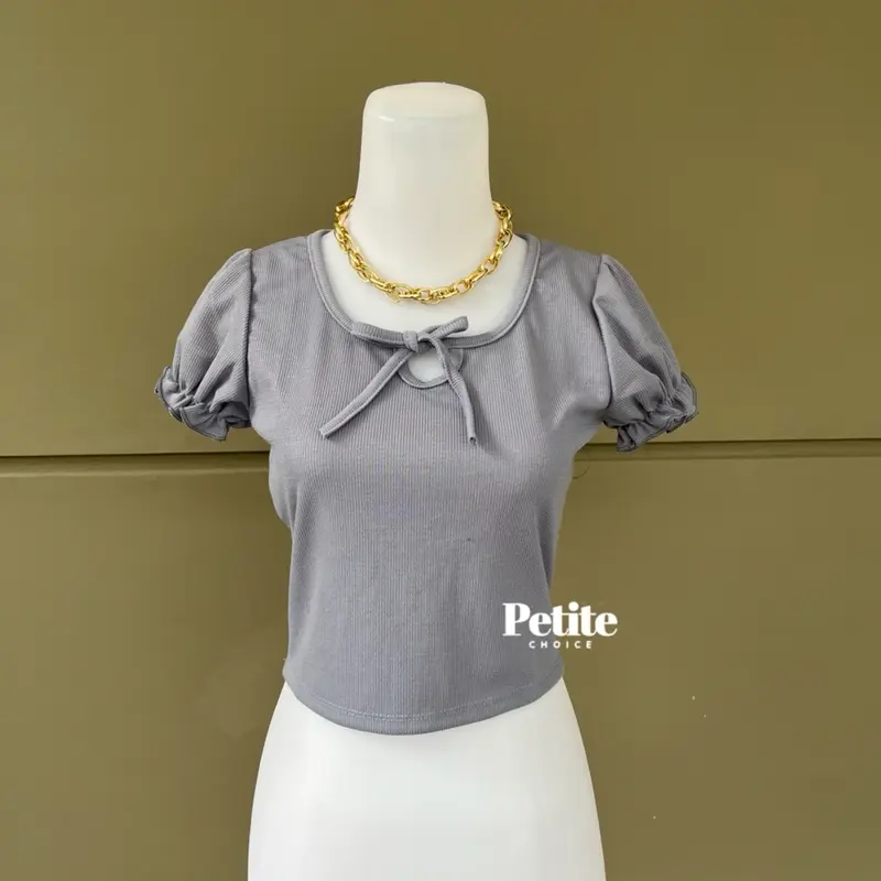 Petitechoice | KATHIE Top - Atasan Wanita Stretch Rajut Casual Puffy Shoulder Sailor Neck Leher V Knit coquette bow 4