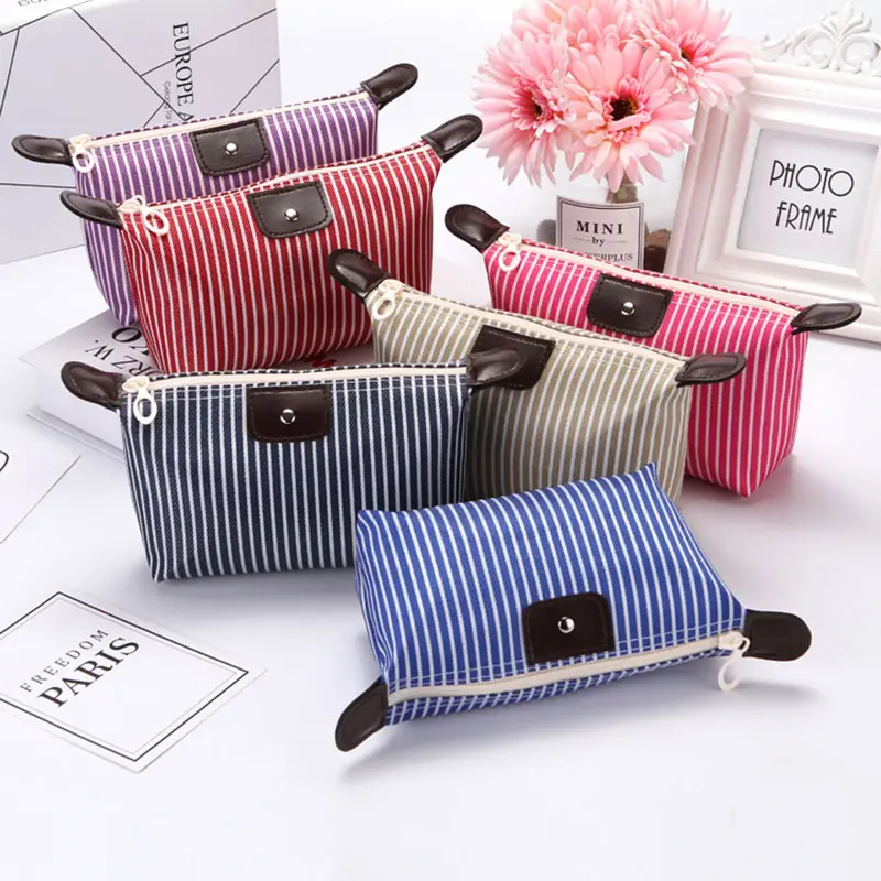 Women's Portable Foldable Striped Travel Large Capacity Dumpling Cosmetic Canvas Waterproof  Wash Storage Bag