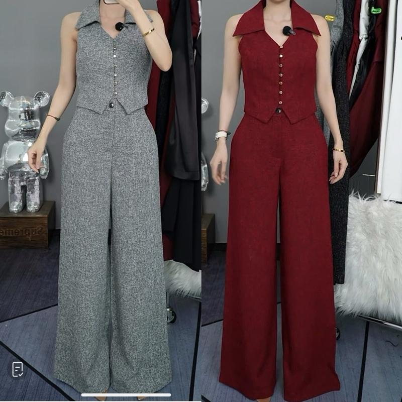 T320 - Set thiết kế áo gile cổ vest quần ống suông dáng A cạp cao Mộc She Nữ Top