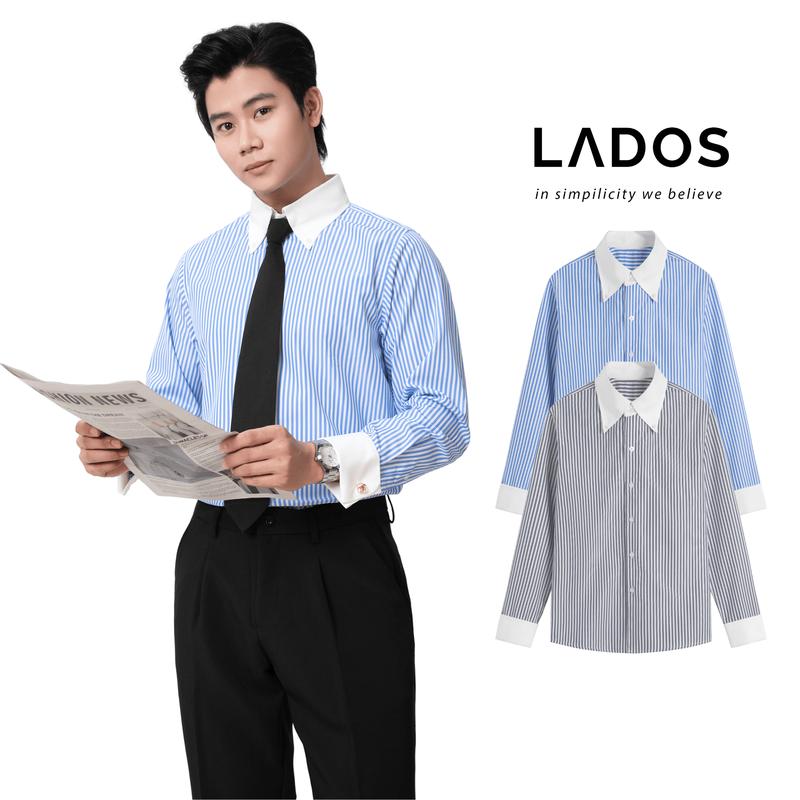 DEAL MỞ BÁN Áo Sơ Mi Cufflink Nam Sọc Dọc Phối Cổ Trắng LADOS - 8193 - Chất Vải Mềm Mát Form Regular Kiểu Button Down Lịch Lãm