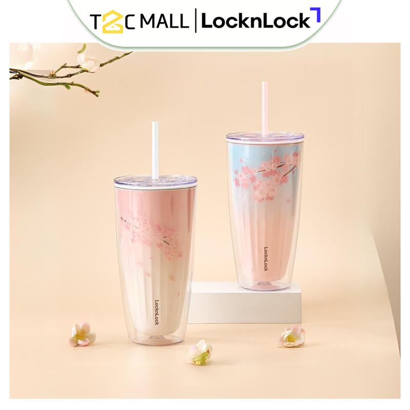  Ly Nhựa 2 Lớp LocknLock 750ML Cốc Nhựa Cute Có Nắp Kèm Ống Hút và Cọ Rửa Cốc Uống Nước Xinh Xắn Cốc Uống Trà Ly Cách Nhiệt 2 Lớp Dung Tích Lớn Giảm Thoát Nhiệt Hình Hoa Anh Đào HAP522 - T2C Mall 