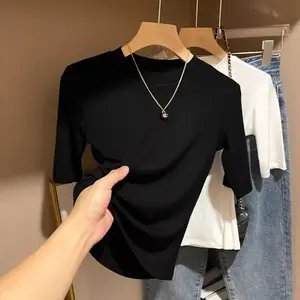 Kaos hitam oblong stretch leher bulat lengan lima perempat berkualitas tinggi