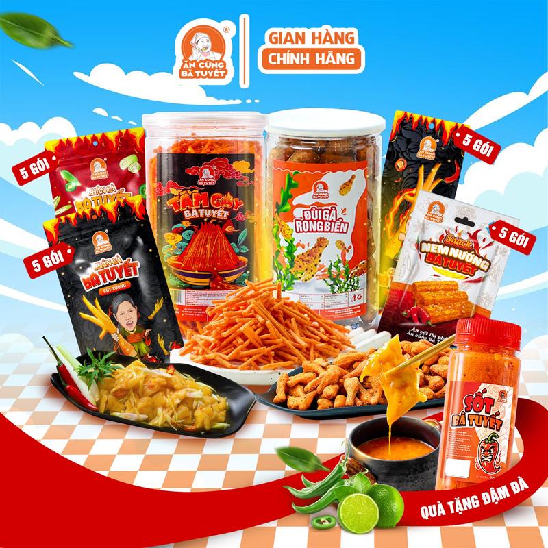 Tặng một hũ sốt nhỏ Combo MIX 6 SẢN PHẨM BÀ TUYẾT: 5 chân rút xương + 5 chân sả tắc + 5 chân có xương + 1 tăm cay + 1 đùi gà rong biển + 5 nem nướng Bà Tuyết - ĂN CÙNG BÀ TUYẾT M12