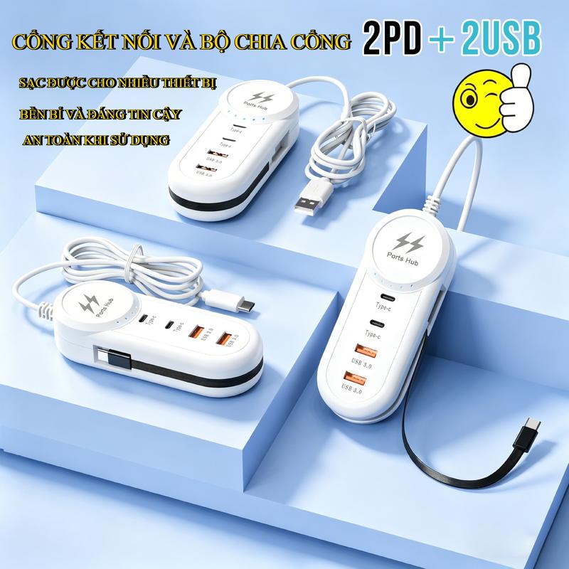 Bộ Chia Cổng Mở Rộng 2PD + 2USB với Type-C Cáp - Sạc Điện Thoại Di Động & Máy Tính USB Ngoài - Truyền Tệp Dữ Liệu An Toàn