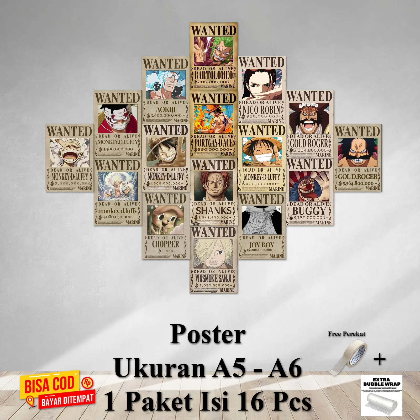 Poster Dinding Kamar Tema WANTED ONE PEACE Ukuran A5 A6 1 Paket isi 16 Pcs Hiasan Dinding Kamar Dekorasi Kamar Cetak Foto Walldecor Bisa Bayar ditempat COD Kertas