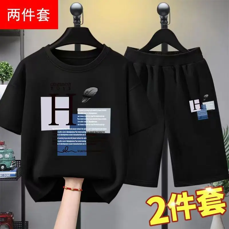 Children's clothing, boys' suit, fashionable, middle and large children, Korean style, handsome, casual, short sleeve, two-piece set