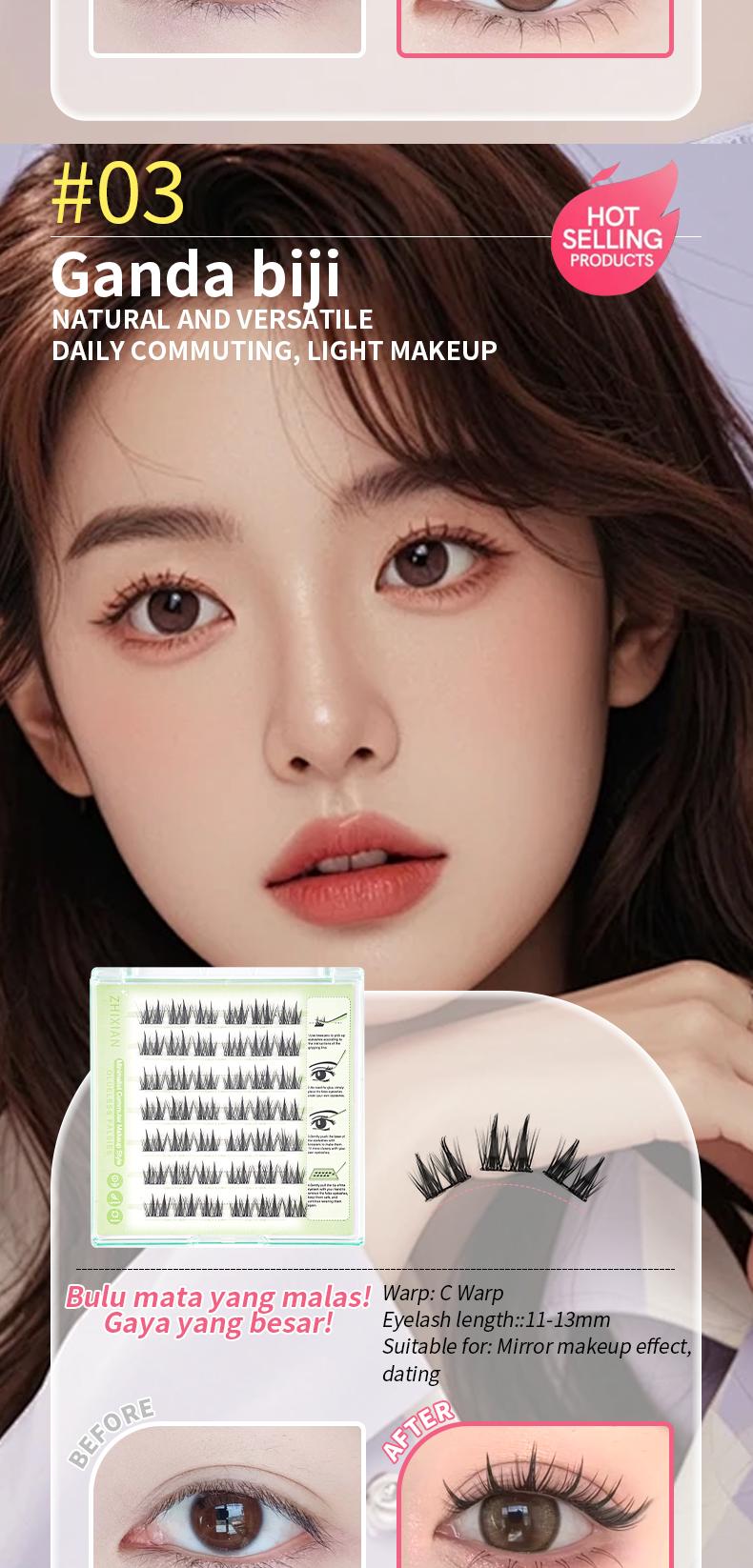 ZhiXian Bulumata palsu pemula bebas lem tidak perlu menggunakan lem bulu mata palsu dapat digunakan kembali Eyelash extension set C Curl False Eyelash Length 10-12 mm