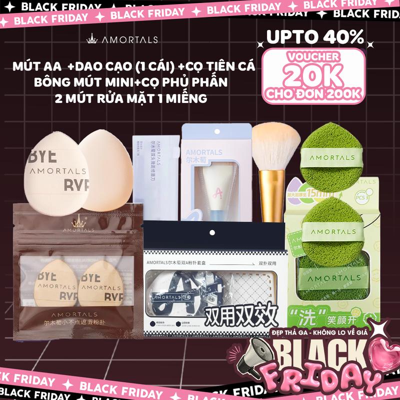 《Amortals.Vietnam》Combo Makeup 7 Món Gồm Mút Trang Điểm AA Cọ Tiên Cá Bông mút mini 1 Dao Cạo 1 Cọ Phủ Phấn 2 Mút rửa mặt 1 miếng AMORTALS Tiện Lợi Hỗ trợ Vệ Sinh Mặt Sạch Sẽ