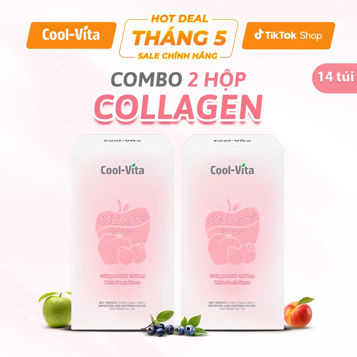 [Live] Combo 2 Hộp Nước Uống Collagen Peptide 3000mg Coolvita Hỗ Trợ Trẻ Hóa Sáng Da, Hỗ Trợ Dưỡng Tóc và Móng Kết Hợp Vitamin B3 (45ml× 7 túi)/hộp