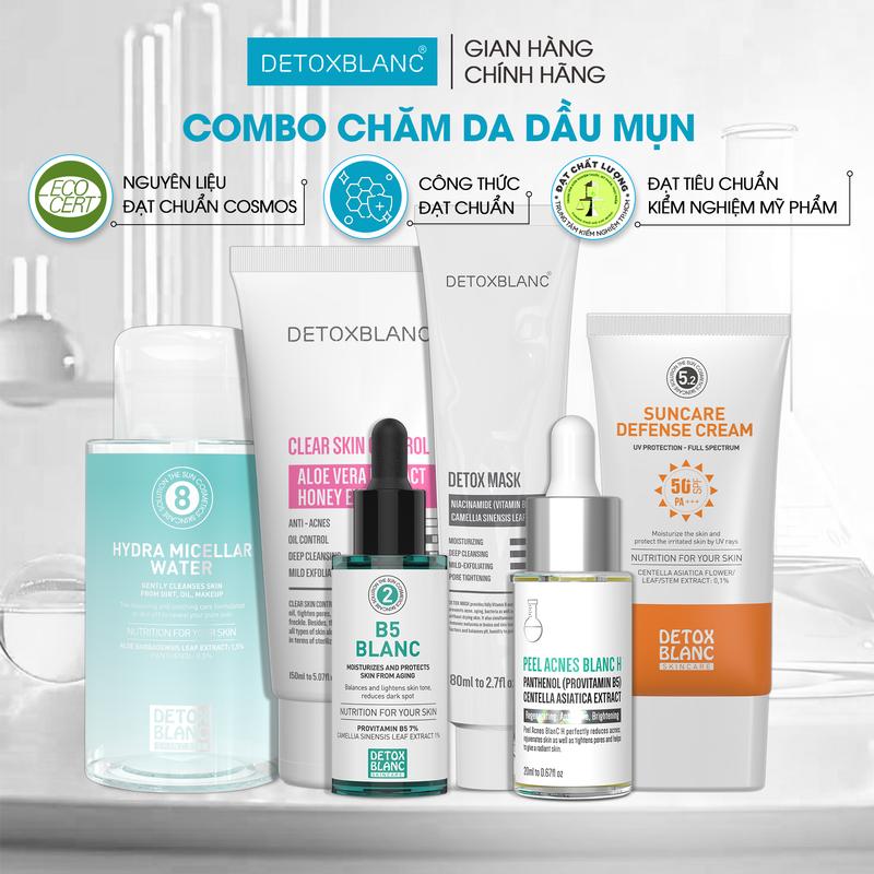 Combo chăm sóc da mụn toàn diện gồm: Mặt Nạ Thải độc + serum peel acnes blanc + kem chống nắng 70g + serum b5 phục hồi + sữa rửa mặt + nước tẩy trang