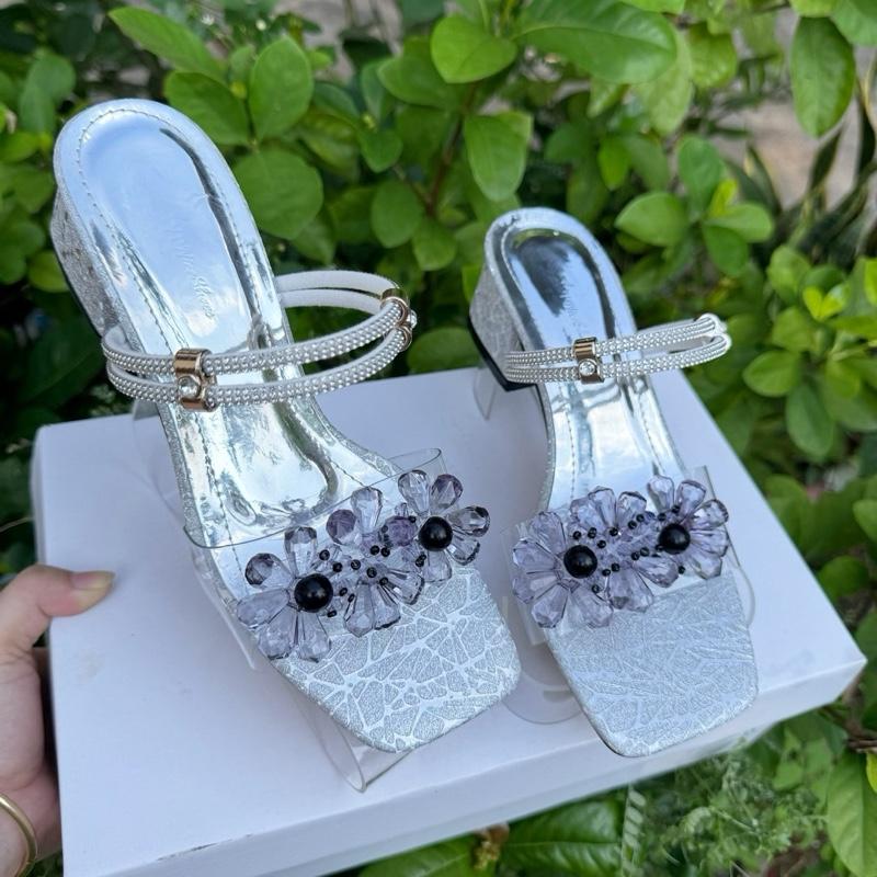  Xăng Đan cao gót hoa đá pha lê da vân nhũ bling đế cao 5cm và 7cm phong cách sang trọng tinh tế p25 giày nữ thời thượng 