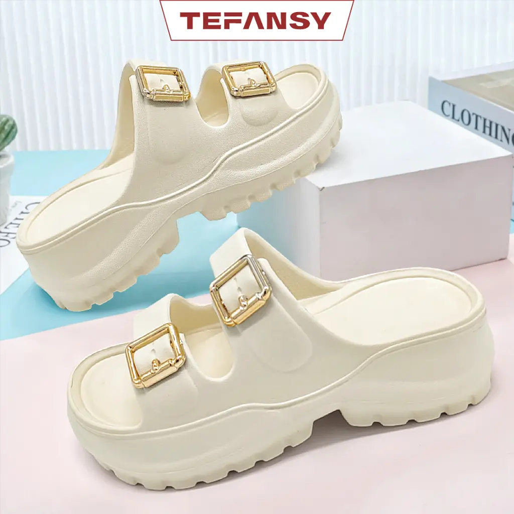 TEFANSY Sandal Selop Wedges Hitam Wanita Terbaru 2024 Kekinian Elegan Bahan Karet EVA Rubber Premium Anti Slip Anti Licin