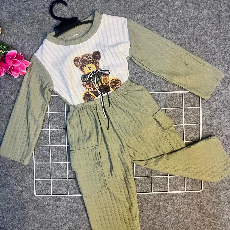 Setelan Anak Perempuan Atasan Tangan Panjang Celana model Cargo Bahan Knit UNTUK USIA 1-6 TAHUN 1
