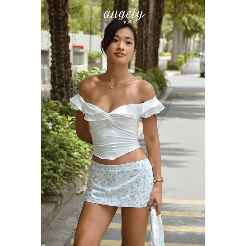 Chân Váy Ngắn Cạp Trễ Nữ Vải In Hoa Xanh, IRIS MINISKIRT AUGETY