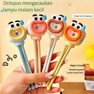 Lampu Meja Gurita Kreatif – Lampu Mood Unik, Stand HP Lucu, Hadiah & Dekorasi Kamar Estetik konten Plastik Baterai Hiasan Kuning Usb LED dengan Light Ring sunset birthday mati hidup tidur