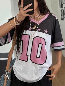 Camiseta de mujer estilo Y2K vintage de malla transpirable, corte holgado, estampado digital, manga corta, tendencia en TikTok, casual