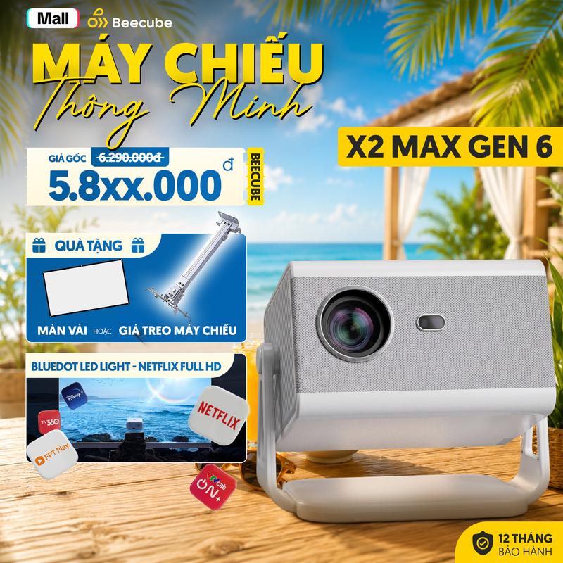 Máy Chiếu Beecube X2 Max Gen 6 Android TV 14 Mới Nhất - Netflix Full HD - Độ Sáng 650 ANSI - Guest Mode Chuyên Homestay - Bluedot LED Light Mới - Âm Thanh Stereo 20W, Bảo Hành 12 Tháng