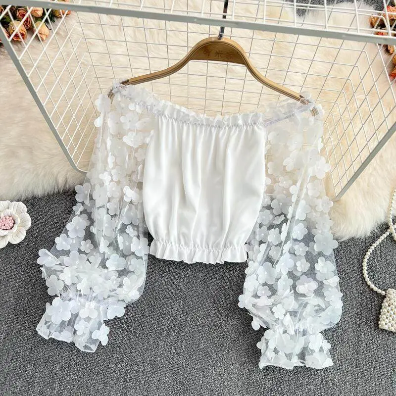 Áo Cánh Cho Nữ, Một Vai, Phối Cảnh Hoa 3D, Khâu Lưới, Áo Voan, Dáng Rộng Eo, Thời Trang, Áo Ngắn Trễ Vai Thích Hợp Cho Mùa Hè, Áo Cánh Nữ