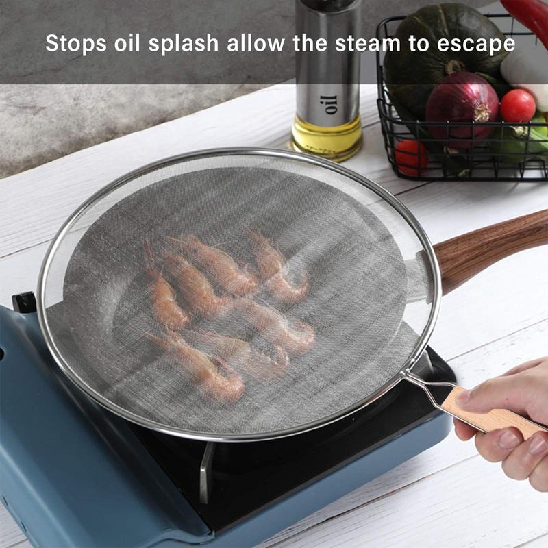 Product Introduction of FE Splatter Screen for Frying Pan, Stainless Steel Grease Splatter Guard with Handle Hot Oil Splash Guard Fine Mesh Frying Pan Shield for Kitchen Cooking Supplies 22
