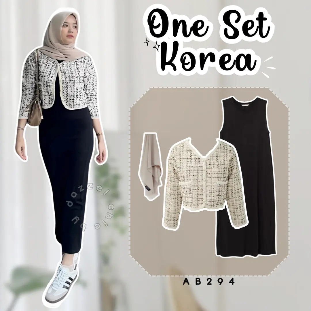 DazzelChic 3 In 1 Set AB294 - One Set Korean Style Hijab Ootd Bukber One Set Outfit Wanita Kekinian Setelan Ootd Kuliah Cardigan Korea Tweed Inner Dress Simpel Casual Baju Muslim